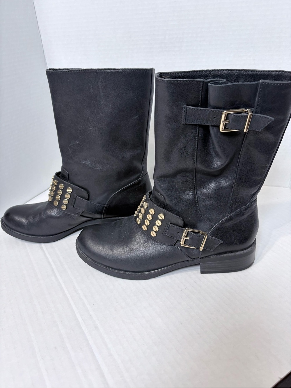 Jessica‎ Simpson Skylare Black Upper Gold Studded Mid-Calf Leather Moto Boots